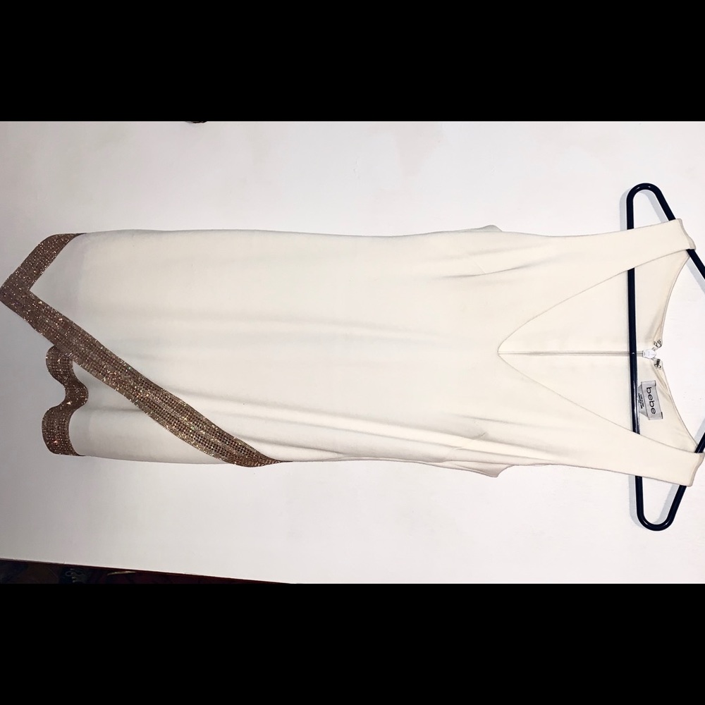 BEBE Asymmetrical White Dress w/ Gold Sequin Hem